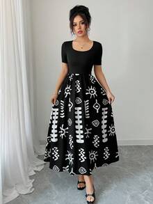Elenzga Plus Size Women's Solid Color & Floral Print Patchwork Casual Dress, Summer - Black - View 1