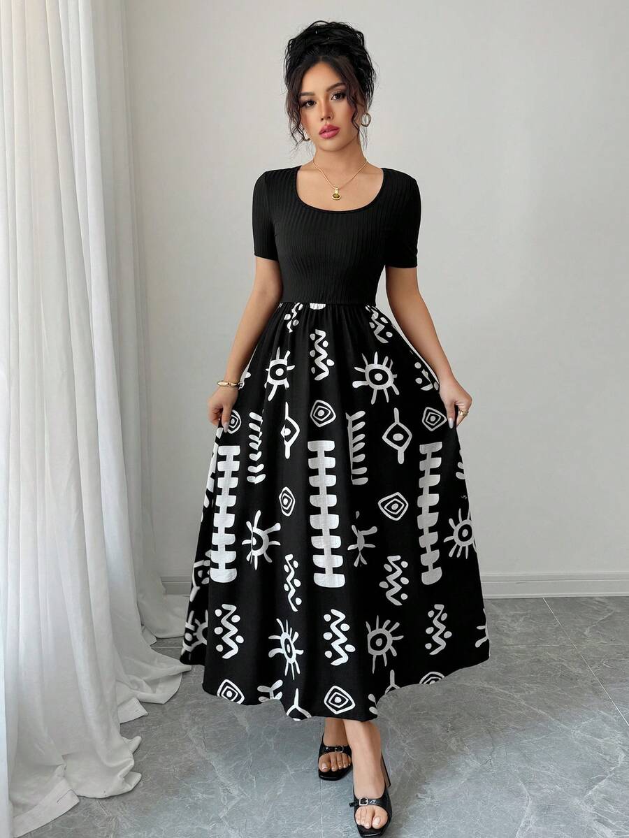 Elenzga Plus Size Women's Solid Color & Floral Print Patchwork Casual Dress, Summer - Black - View 1