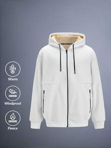 Driftmere 1pc Men's Thermal Lined Zip-Up Hooded Jacket, Casual And Versatile Fleece-Lined Jacket, Fall/Winter - White - View 1