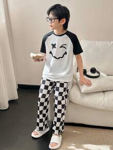 两件套男童休闲圆领印花短袖T恤和格子裤睡衣套装 - 黑與白 - 查看 5