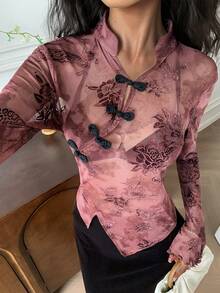 EastFlair Women's Elegant Floral Print Asymmetric Hem Long Sleeve Blouse With Button Cuffs, Autumn - Black - View 7