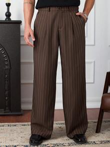 Core Aspect Calças de fato masculinas casuais com riscas e bolsos inclinados, calças de fato masculinas com pregas, calças de vestir castanhas, calças risca de giz, calças de vestir masculinas para ocasiões formais. - Castanho - Ver 6