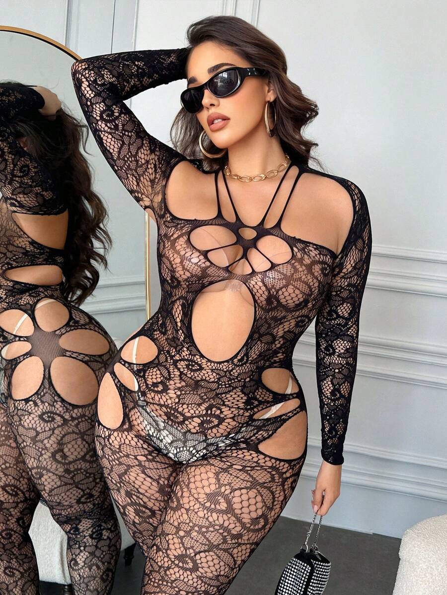 Đồ lót liền thân gợi cảm cỡ lớn màu đen không đường may bằng lưới khoét rỗng cho nữ - màu đen - Xem 1