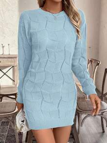 EMERY ROSE Women's Loose Casual Round Neck Drop Shoulder Long Sleeve Knitted Sweater Dress, Autumn/Winter - Baby Blue - View 3