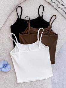 SHEIN 3件套少女白色、黑色、棕色纯色罗纹针织吊带背心，基础百搭修身款，适合休闲、居家、户外穿着 - 彩色 - 查看 2