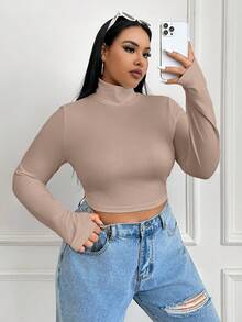 SHEIN EZwear 大码女式休闲日常通勤简约纯色高领长袖修身短款T恤，秋冬款 - 杏色 - 查看 5