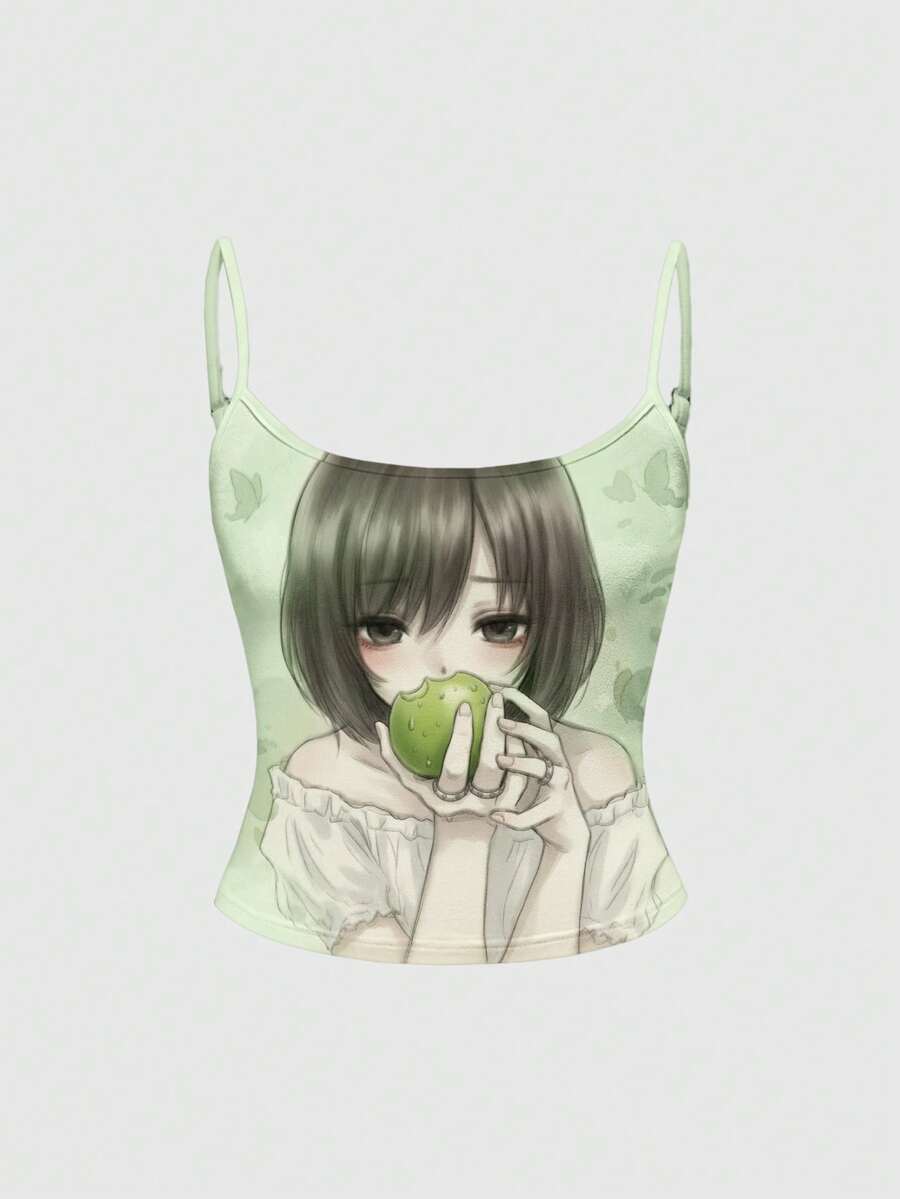ROMWE Anime 蝴蝶四叶草复古 Y2K 少女学院风苹果印花白色吊带背心（女款） - 綠色 - 查看 1