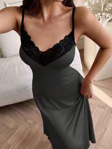 SHEIN Lace Trim Soft & Comfortable Women's Long Nightgown Sexy Sleep Dress Long Night Dress Long Lingerie Dress Lounge Dresses - Dark Grey - View 6
