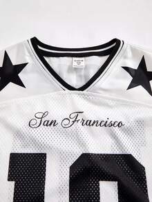 SHEIN Kids/Young Boy Casual Versatile Letter Print Pattern Ribbed Collar Mesh Loose Knit Long Sleeve T-Shirt, Suitable For School, Garden, Beach, Birthday, Spring, Summer, Autumn, Winter - Black and White - View 5