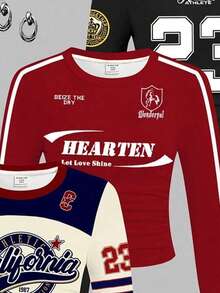 SHEIN Leap Crew 3件套少女修身休闲复古字母数字徽章图案T恤，时尚运动衫款式，米色/海军蓝、酒红色、黑色，买一送二，圆领长袖露脐紧身T恤学院风套装，适合13岁女孩，长袖3件套 - 彩色 - 查看 3