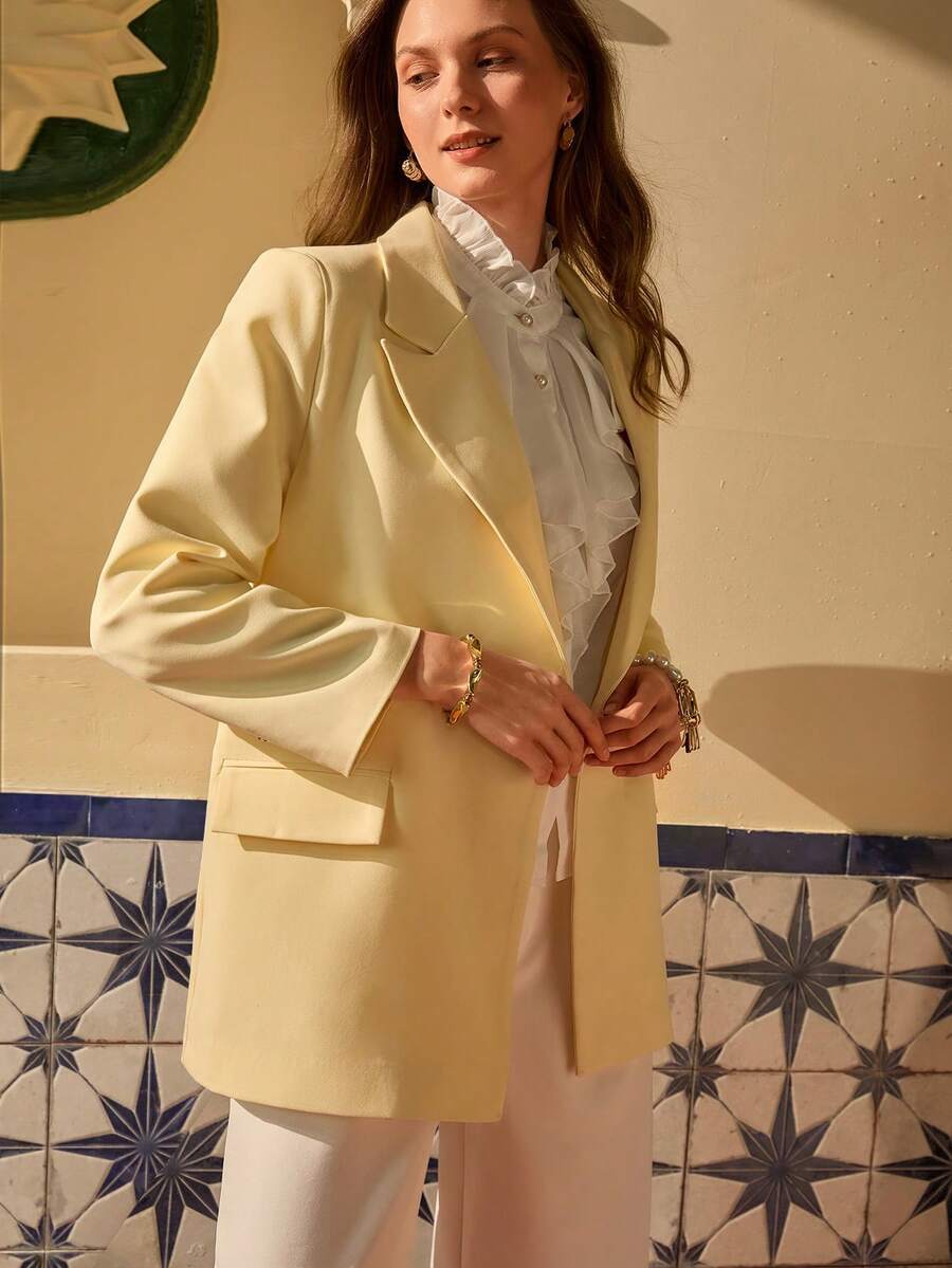 Bóhologie Áo khoác blazer nữ thời trang thanh lịch, tay dài, một hàng khuy - Màu vàng - Xem 1