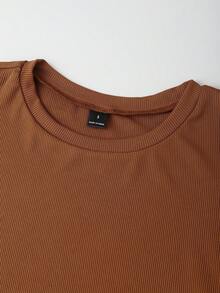 Franclia Top tejido de canalé de cuello redondo ribete con fruncido - Marrón - Ver 3