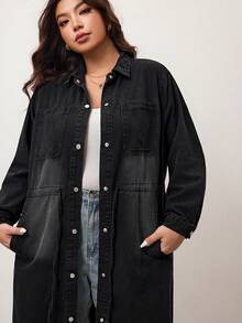 Enliva Áo khoác denim dài tay cỡ lớn dành cho nữ màu trơn đơn giản hàng ngày - màu đen - Xem 4