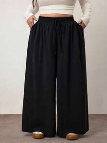 Enliva 女士大尺碼黑色寬鬆喇叭褲，夏日必備 - 黑色 - 查看 3
