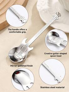 1pc Silver Creative Guitar Shaped Spoon, Suitable For Coffee, Tea, Desserts, Ice Cream - Stainless Steel Kitchen Utensil, Kitchenware, Tableware