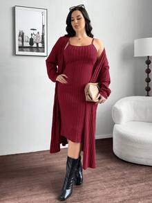 SHEIN Essnce 大码女装秋冬休闲舒适长袖军绿色紧身连衣裙和长款开衫两件套，秋季服装，秋季连衣裙套装，女士外套套装，两件套加大码 - 酒紅色 - 查看 3