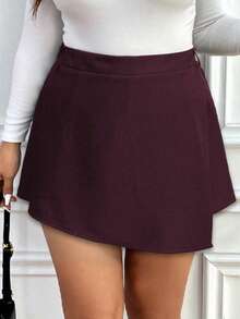 EMERY ROSE 大码女式纯色磨毛不对称下摆休闲迷你短裙 - 酒紅色 - 查看 4