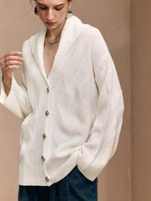 Chiquease Women's Acrylic Fabric Loose Fit Diamond Pattern Collar With Metal Button Design Casual Cardigan White Cardigan  Winter Clothes For Women New Year - White - View 1
