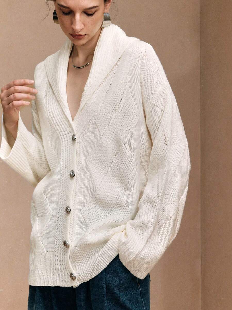 Chiquease Women's Acrylic Fabric Loose Fit Diamond Pattern Collar With Metal Button Design Casual Cardigan White Cardigan Winter Clothes For Women New Year - White - View 1