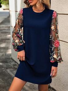 EMERY ROSE Loose Fit Elegant Lantern Sleeve Round Neck Mesh Patchwork Casual Dress - Navy Blue - View 4