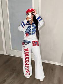 Slaydiva 新款春夏女装返校套装，商务休闲街头风，复古学院风拉链夹克，短款露脐上衣+直筒/阔腿裤套装，复古美式Logo印花，杏色运动套装两件套，女式两件套裤装，女士俱乐部两件套 - 杏色 - 查看 8