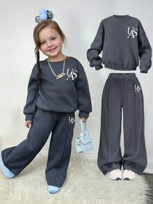 SHEIN 2 Stücke Kleine Mädchen Einfarbig Strick Lässig Sweatshirt und Leggings Set - Grau - Übersicht 2