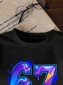 SHEIN 男童数字图案印花休闲舒适黑色圆领T恤和裤子套装（2件套），短袖上衣 - 黑色 - 查看 6