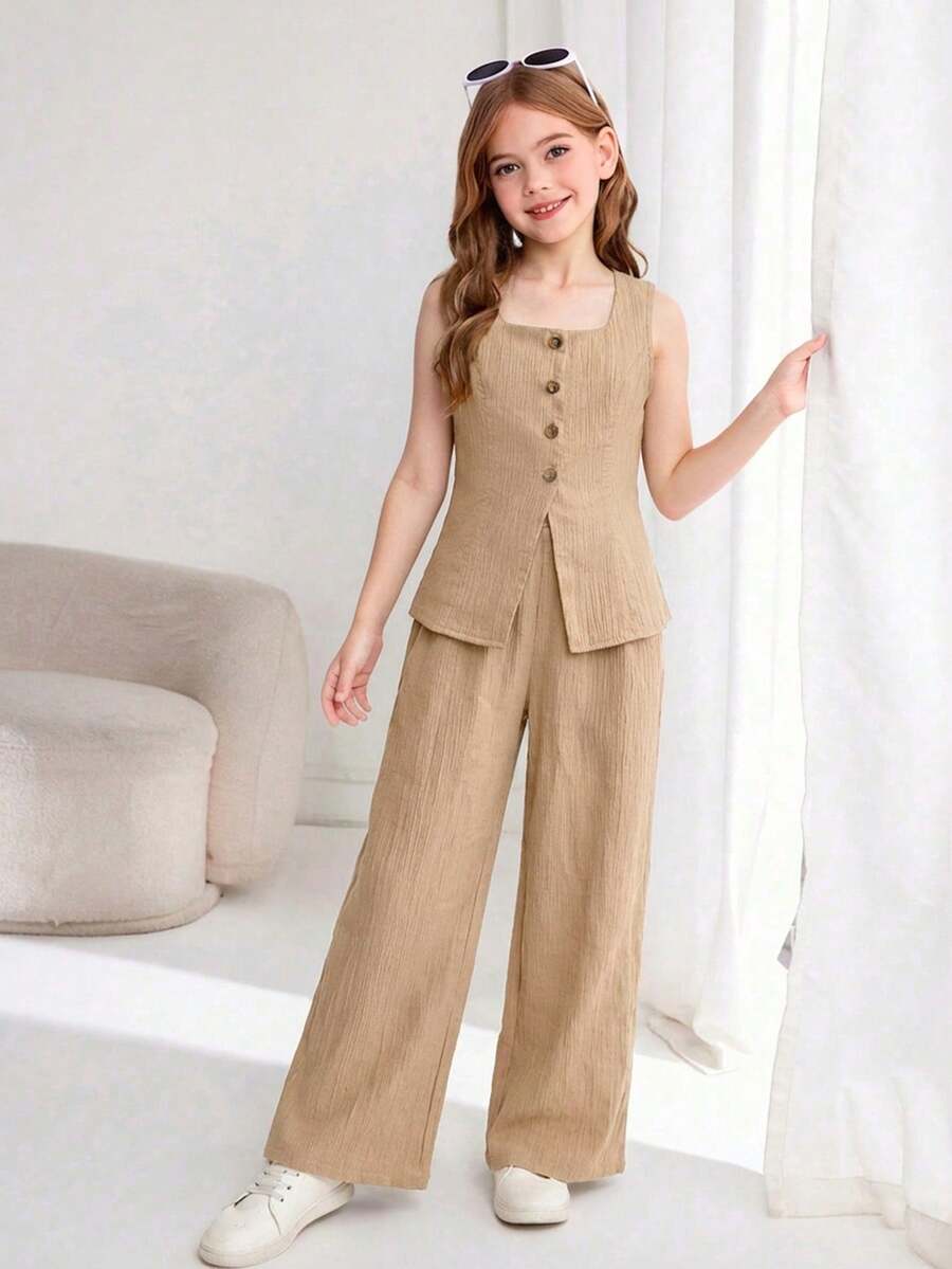 SHEIN Tween Girl Casual Elegant Commute Street Chic Jacquard Striped Button Front Sleeveless Top And Straight Leg Pants Set Suitable For All Seasons - Spring, Summer, Autumn, Winter - Multicolor - View 1