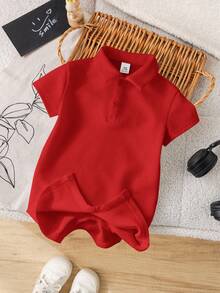 SHEIN 新生儿男女宝宝柔软舒适休闲日常白色短袖针织连体衣，适合室内、室外、日常穿着、运动、玩耍、派对、拍照、度假、节日、婚礼、迎婴派对、洗礼和周岁生日等场合。 - 紅色 - 查看 5