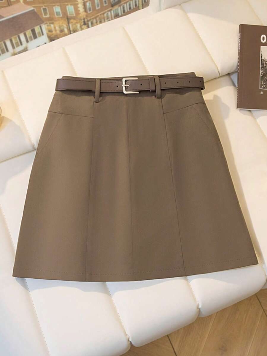 Airaco Plus Size Women Solid Color Casual Commuter Versatile Skirt - Khaki - View 1