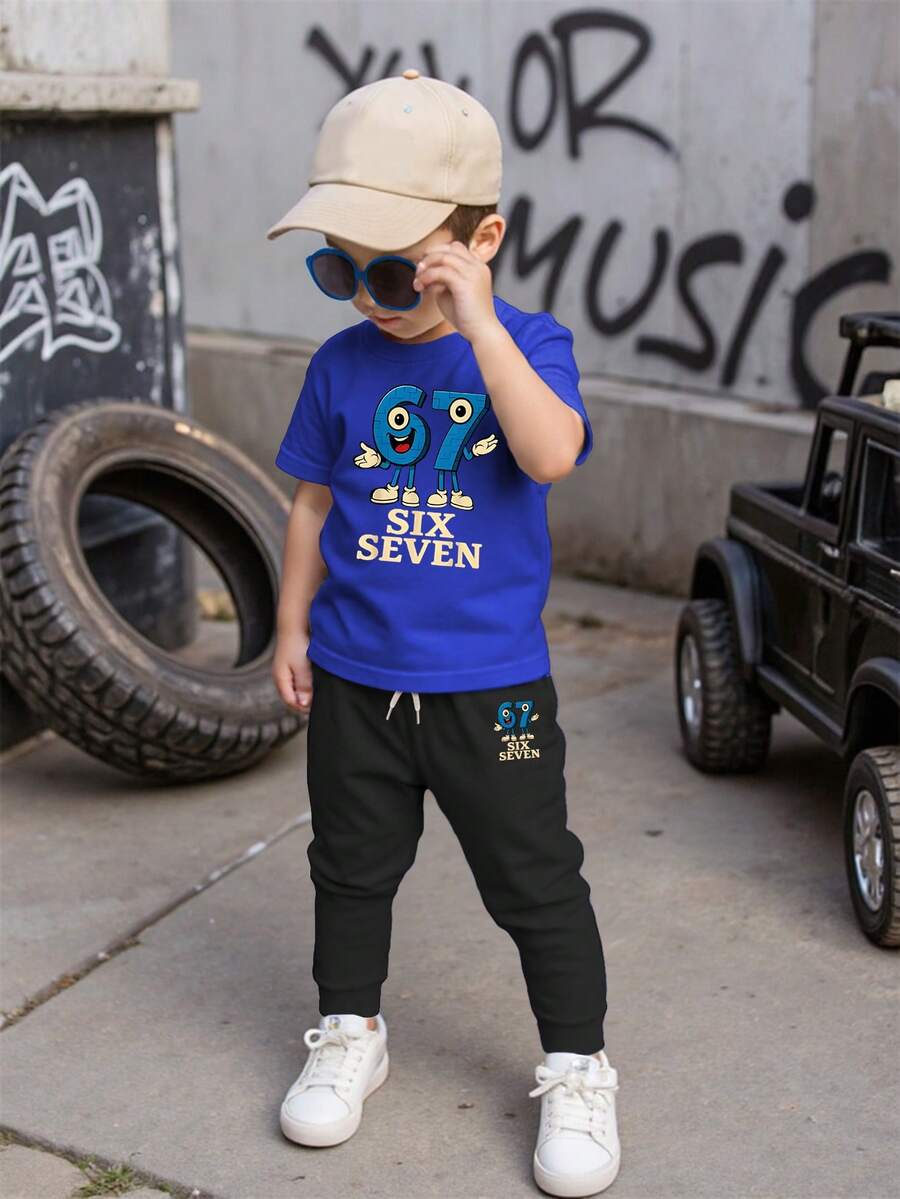 2件套男童67数字元素图案印花套装，时尚休闲舒适蓝色圆领T恤+黑色裤子 - 彩色 - 查看 1