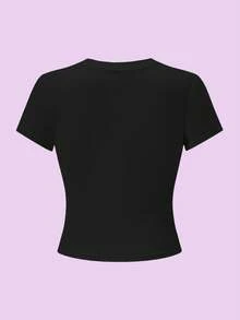 Mean Girls | SHEIN Women's Fashionable Letter Graphic Fitted Short Sleeve T-Shirt, Summer - Black - View 2