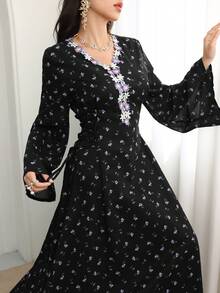 Al Najma Women's Elegant Arabic Style A-Line Dress With Flared Sleeves, Tie Waist And Ruffle Hem, Suitable For Spring And Autumn - Black - View 1