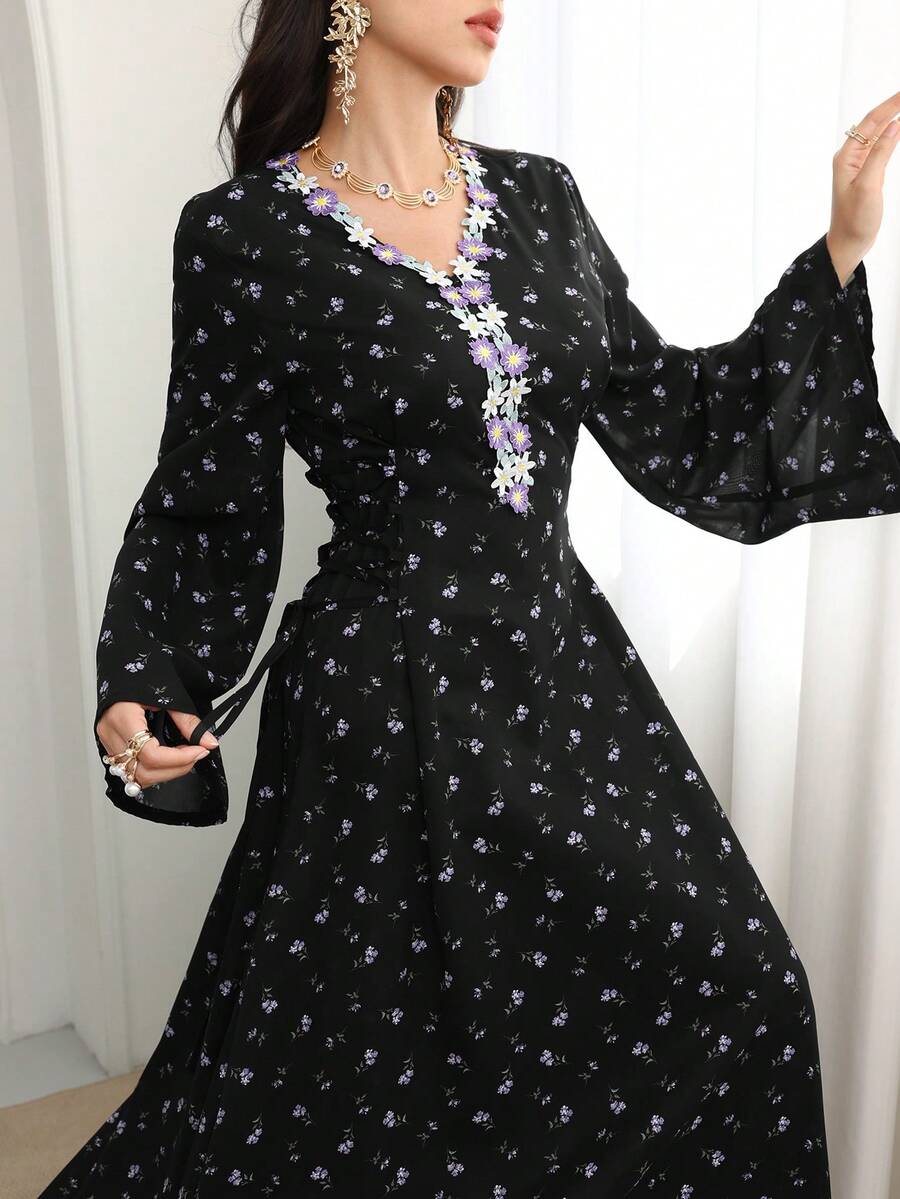 Al Najma Women's Elegant Arabic Style A-Line Dress With Flared Sleeves, Tie Waist And Ruffle Hem, Suitable For Spring And Autumn - Black - View 1