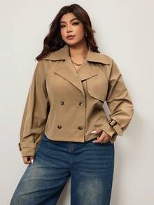 Enliva Plus Size Women's Autumn And Winter Fashion Casual Loose Comfortable Daily Basic Versatile Classic Khaki Short Windbreaker Jacket,Fall Outfits,Simle Style,Winter Coats, For Apple Rounded Body Shape - Khaki - View 3