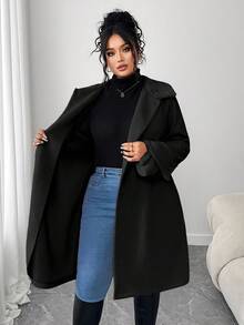 Elenzga Áo khoác len thường ngày tay dài cổ lông giả cài nút màu trơn cỡ lớn cho nữ - màu đen - Xem 4