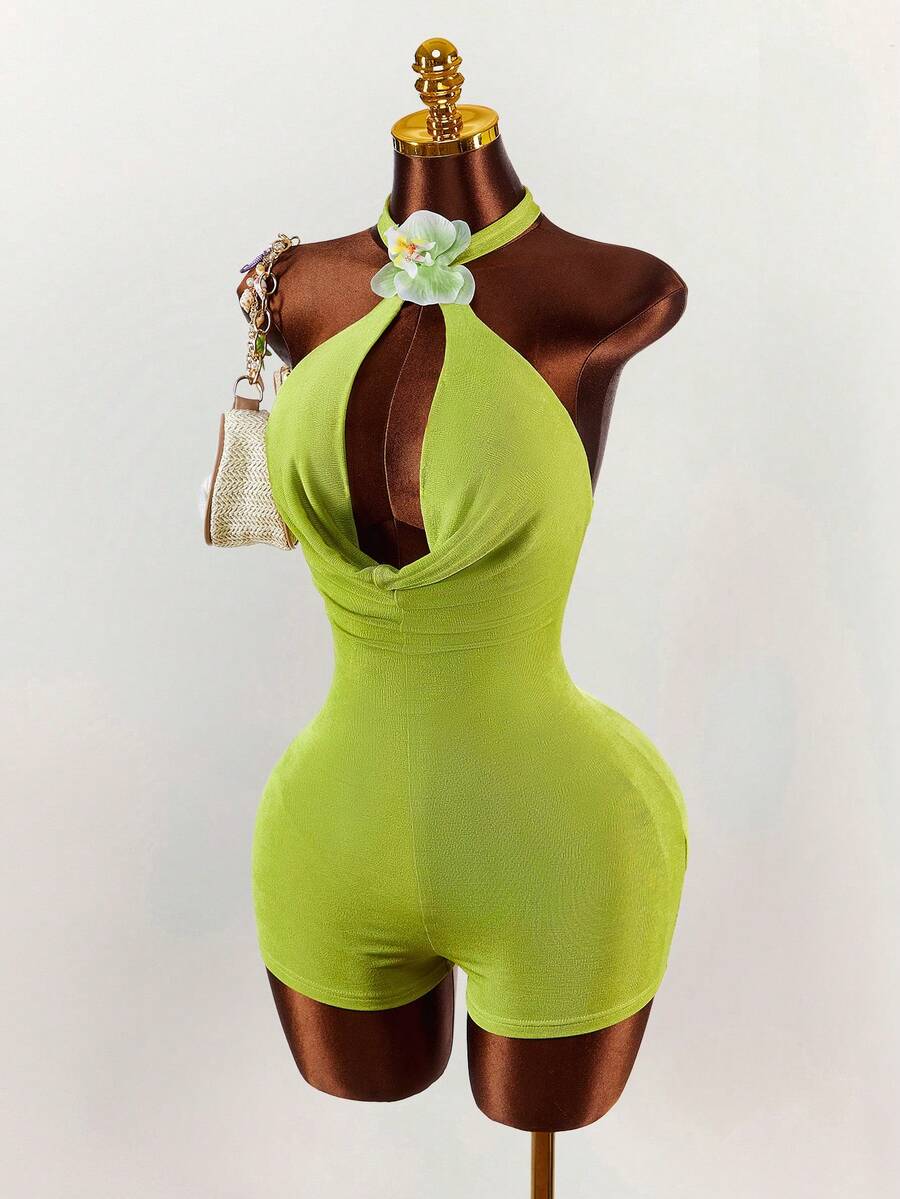 Amplova 2026早春度假绿色兰花露背紧身连体衣，适合度假、派对、聚会等场合。 - 綠色 - 查看 1