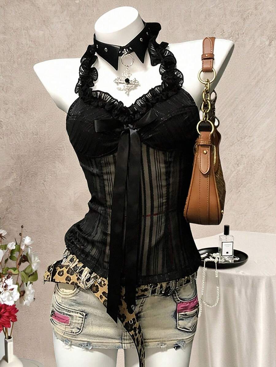 SHEIN Blusa sexy con escote halter y espalda descubierta con decoración de lazo - Negro - Ver 1