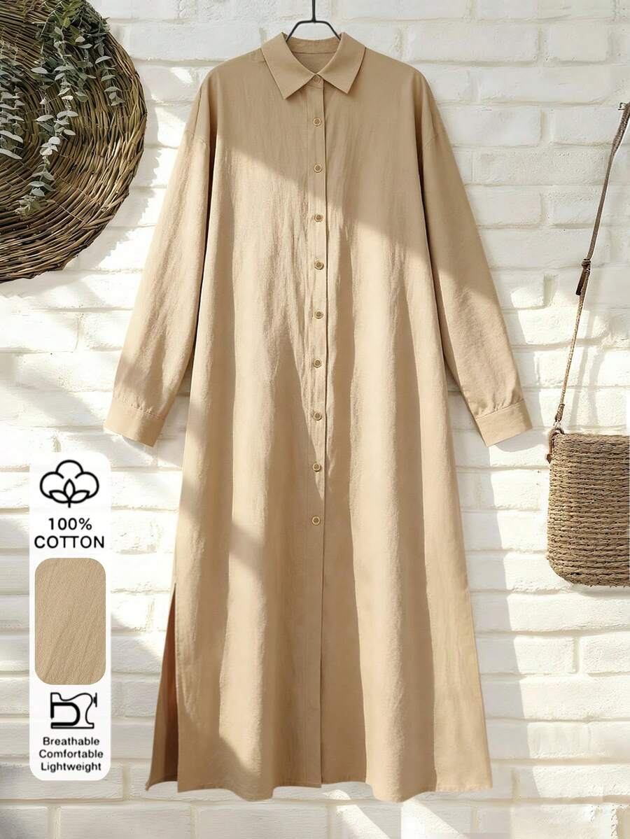 SHEIN Franclia 女士休闲宽松落肩衬衫裙，侧开衩，长款 - 卡其色 - 查看 1