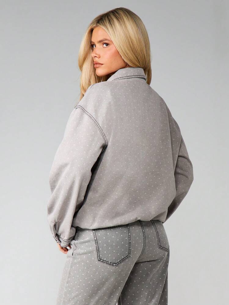 MISSGUIDED Polka Dot Denim Bomber Jacket With Zipper Closure Oversized Casual Fall Winter Outerwear