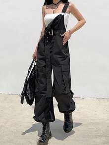 INAWLY Quần jumpsuit cargo thường ngày cỡ chuẩn cho nữ - màu đen - Xem 1