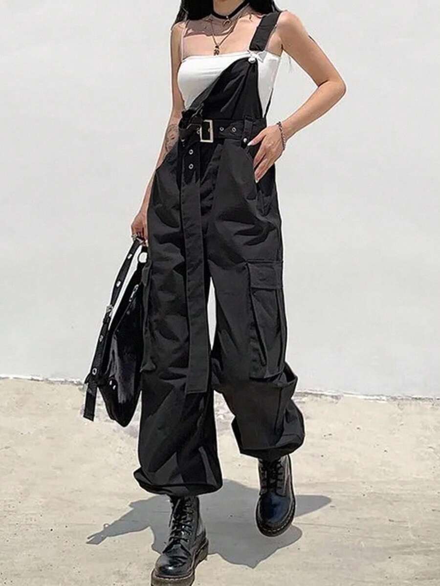 INAWLY Quần jumpsuit cargo thường ngày cỡ chuẩn cho nữ - màu đen - Xem 1