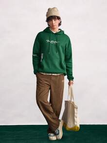Open Phase 男士休闲字母图案口袋抽绳连帽运动衫，秋季 - 綠色 - 查看 1