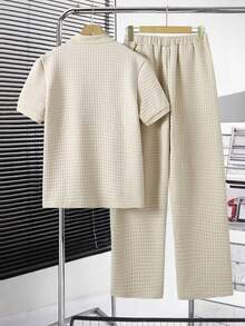 2pcs/Set Teenage Boys Casual Plaid Textured Fabric Zip-Up Polo Shirt Outfit, Suitable For Daily Commute, Leisure And Various Occasions