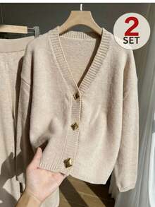 Comfortcana Conjunto informal de 2 piezas de talla grande para mujer, compuesto por un cárdigan de punto de manga larga con hombros caídos y pantalones de punto, para otoño/invierno - Caqui - Ver 9