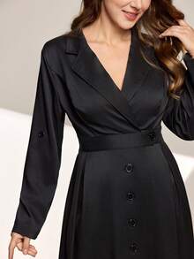 Momelise Plus Size Women Solid Color Lapel NeckRoll-Up Sleeve Single-Breasted Elegant Dress - Black - View 8