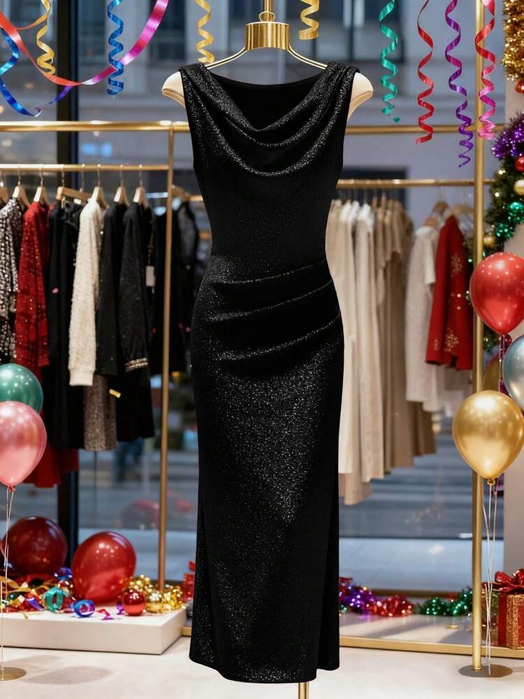 SHEIN Franclia فستان حفلة أنيق بدون أكمام طويل، مناسب لحفلات الخريف/الشتاء - الأسود - مشاهدة 1