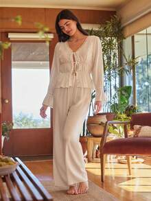 Lullawish White Boho V Neck Long Bell Sleeve Ruffle Hem Woven Fabric Women Pajama Pant Set - White - View 6