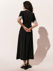 Poéselle Women's Color Block Lace Patchwork V-Neck Raglan Sleeve Waist Cinched Long Dress,Black Lace Trim Maxi Dress - Puff Sleeve Elegant Evening Outfit For  Parties,Summer Dress, Women S Western Dress, Black Dresses For Women Summer, Black Western Dress, French Style Dress - Black and White - View 3