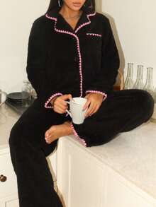 2件套 Lowkey Lull 杏仁奶油色柔软简约罗纹休闲长袖睡衣套装，极简主义男女通用睡衣 - 黑色 - 查看 4